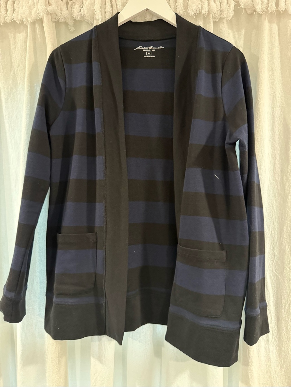 Eddie Bauer Navy and Black Striped Open-Front Cardigan Jacket